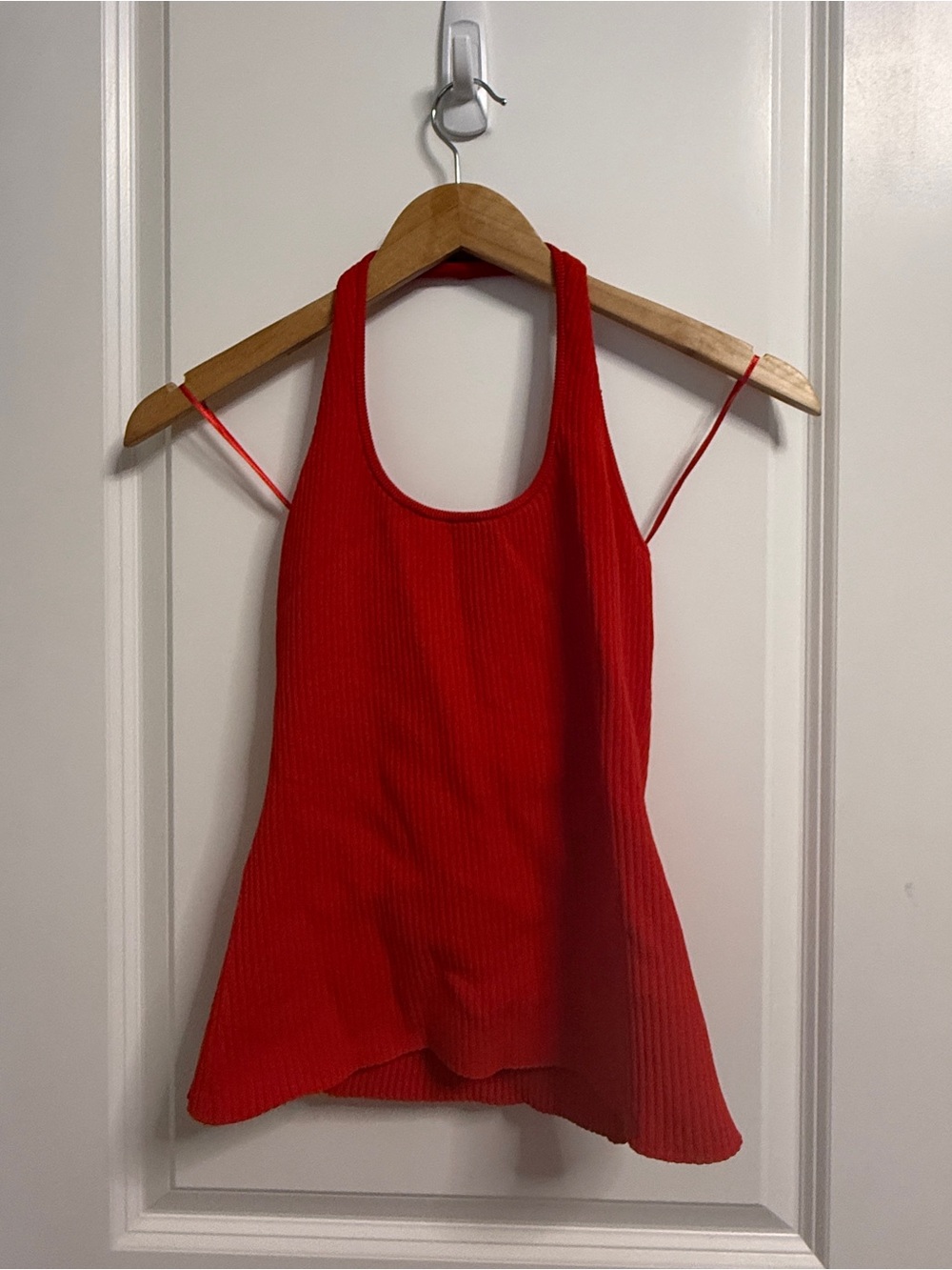 Wayf Bright Red Ribbed Scoop Halter Top